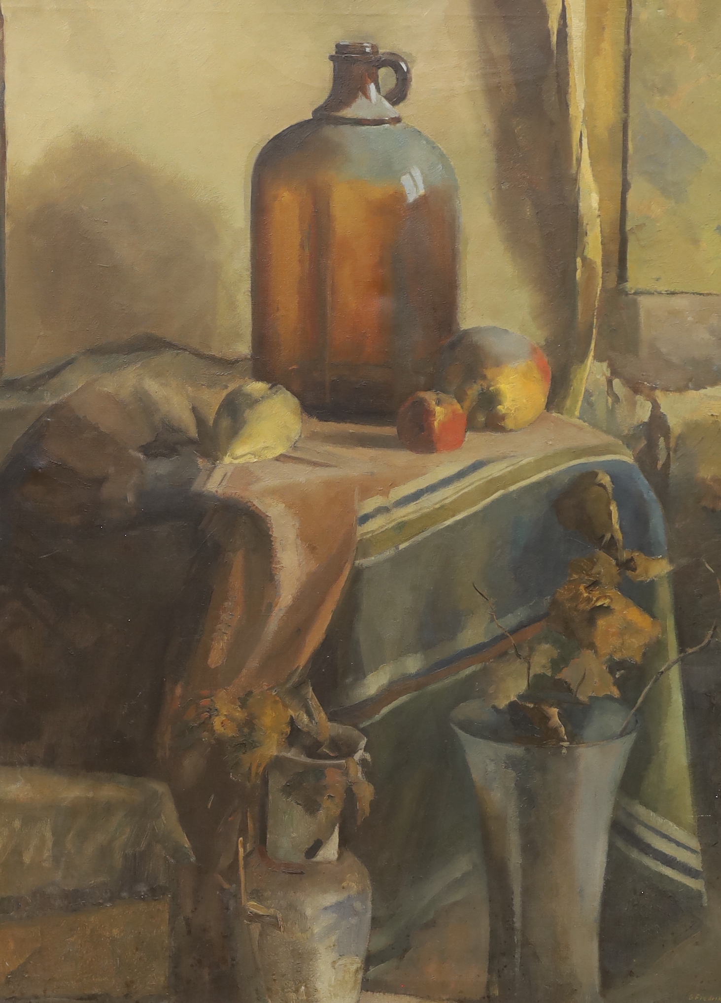 Two Dutch oils on canvas, Still lifes of fruit and vessels, one framed, largest 82 x 60cm